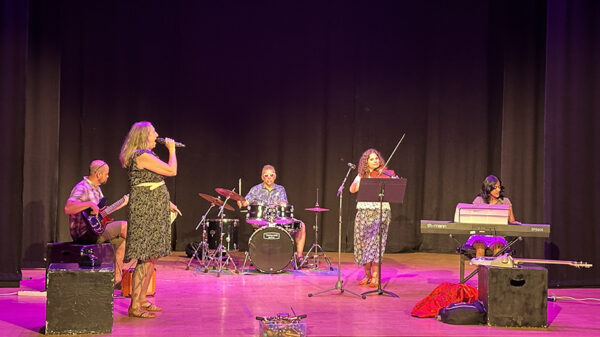 Teacher performing a song on stage